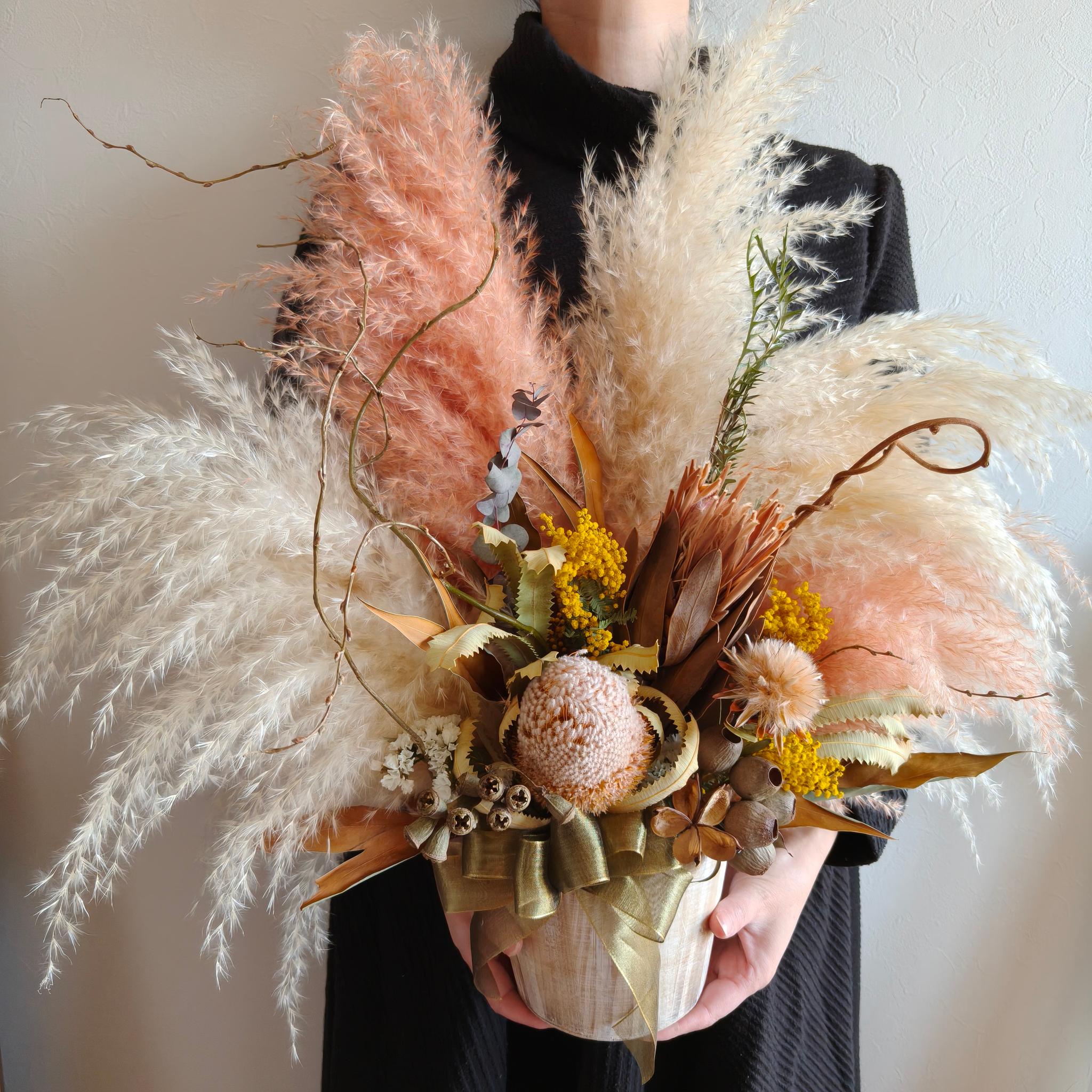 ワイルドフラワーとミモザのお祝い花L　パンパスグラス 開店祝い周年祝い新築祝い　インテリア店舗装飾　ドライフラワー | 9枚目